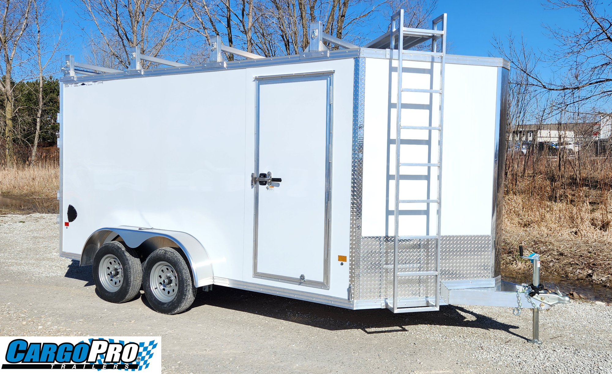 CargoPro Stealth 7 X 14 Aluminum Frame Tandem Axle Ultimate Contractor Cargo Trailer Double Rear Doors, 79 inch Interior Height- White